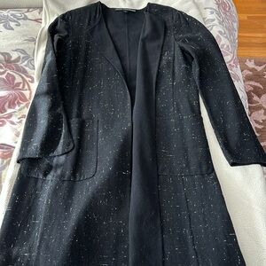 Black with tiny white specks, knee length lightweight wool “coat”